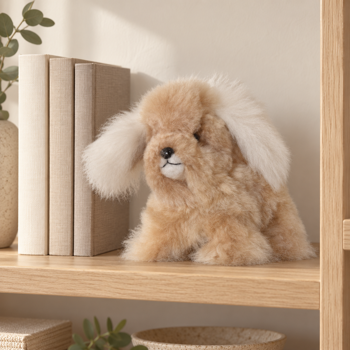 Peluche chien en laine d’alpaga de 15 cm posée sur une étagère à côté de livres beiges