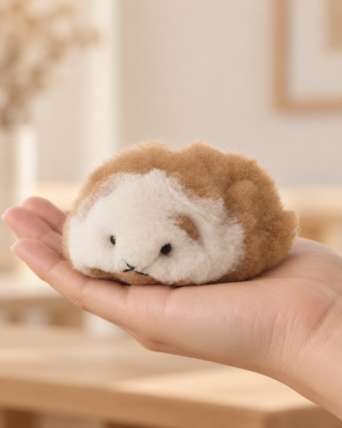Petite peluche cochon d’Inde en laine d’alpaga tenue dans une main pour montrer son format