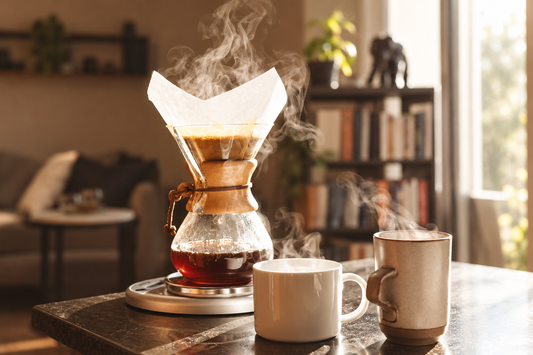 Préparation de café à la Chemex et tasses en céramique