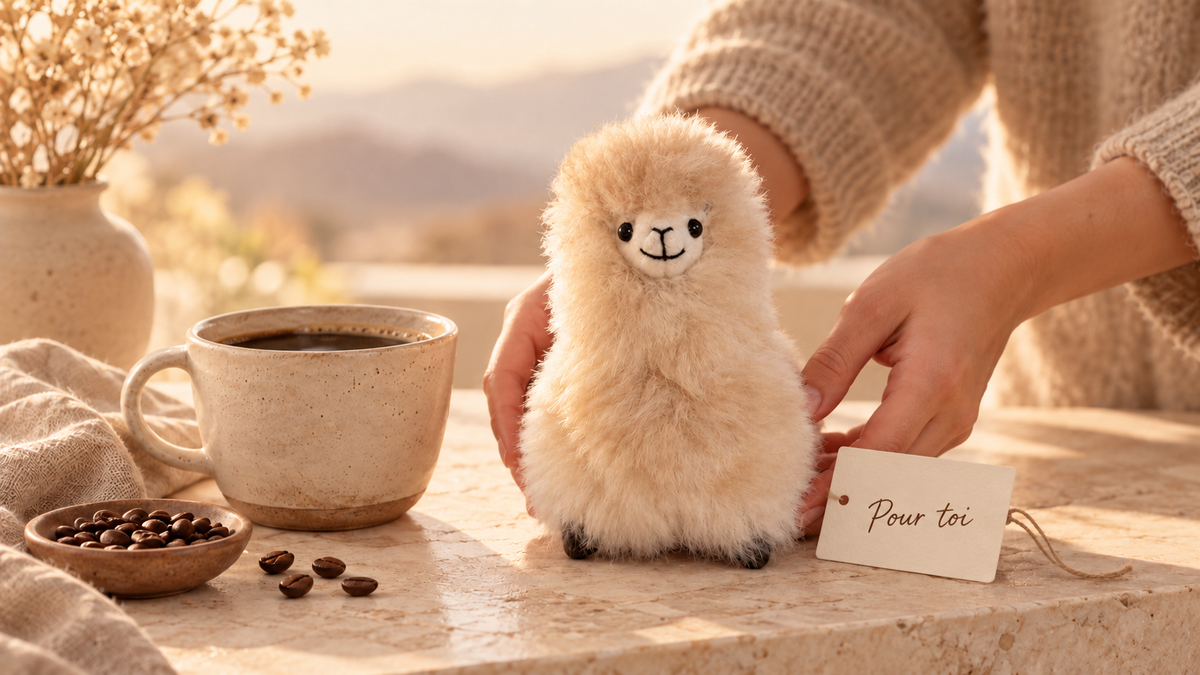 Peluche décorative en laine d’alpaga près d’une tasse de café et d’une carte « Pour toi »