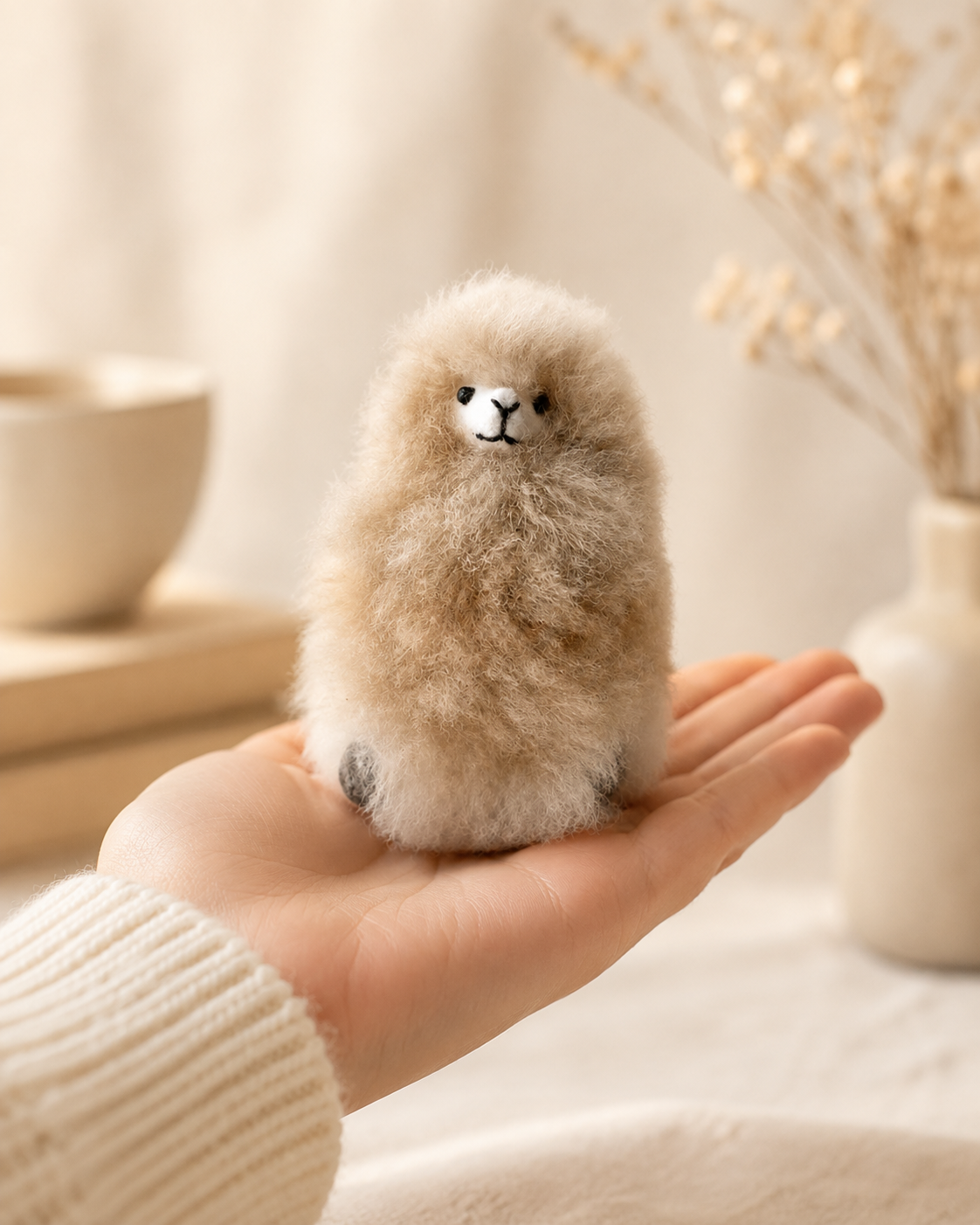 Peluche alpaga 10 cm tenue dans une main pour visualiser son échelle