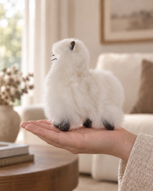 Peluche alpaga blanche de 15 cm présentée de profil dans une main, dans un intérieur aux tons écru.
