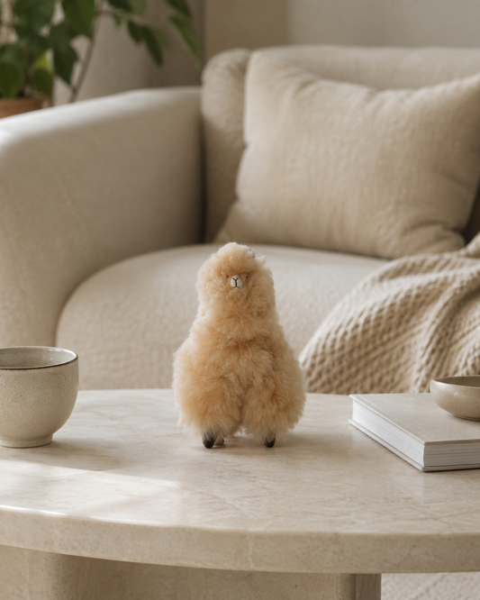 Peluche alpaga 20 cm mise en situation dans un salon