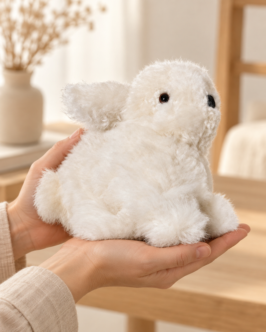 Peluche lapin blanche en laine d’alpaga de 15 cm présentée dans deux mains