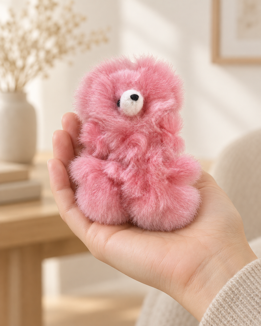 Peluche ours rose en laine d’alpaga de 10 cm présentée dans une main