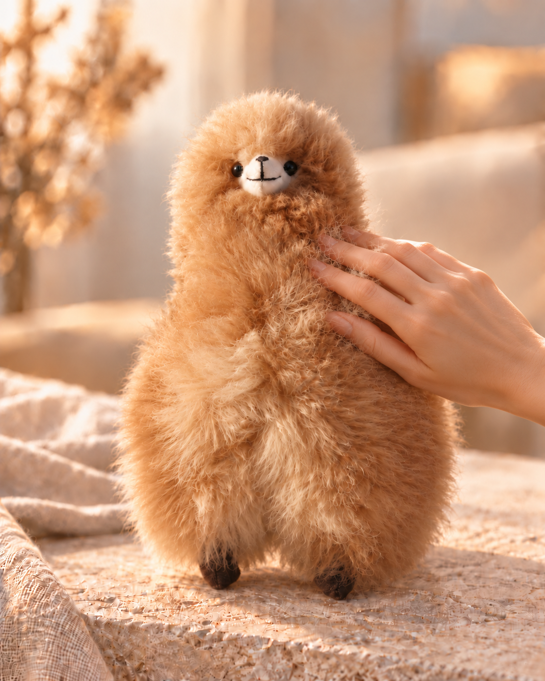 Main caressant doucement une peluche décorative en laine d’alpaga couleur caramel